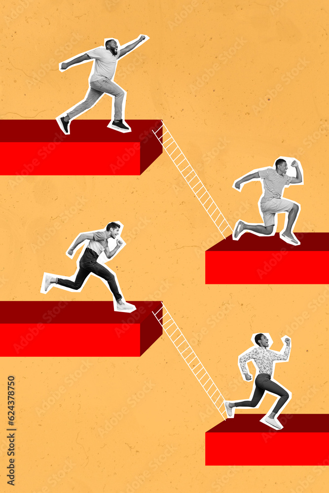 Poster Image 3d picture collage of workers running jumping stairs achieving career progress improving results isolated on drawing background
