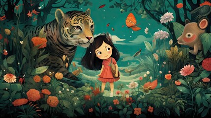 A miniature little girl in the big forest adventures in fairy tales. Cartoon drawing in the forest or park garden. Kids baby children book and lullaby story illustration graphic. Generative AI