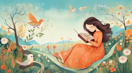 Little girl in the big forest or grass meadow adventures reading book in fairy tales. Cartoon drawing in the park garden. Kids baby children book and lullaby story illustration graphic. Generative AI