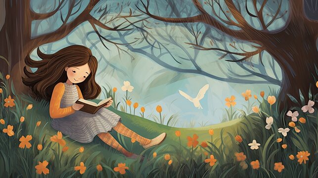 Little girl in the big forest or grass meadow adventures reading book in fairy tales. Cartoon drawing in the park garden. Kids baby children book and lullaby story illustration graphic. Generative AI