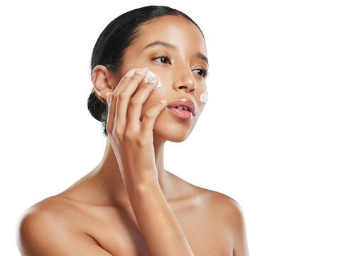 Woman, face cream and relax for skincare beauty cosmetics isolated on a transparent PNG background. Calm female person applying skin product, lotion or creme in dermatology or facial treatment