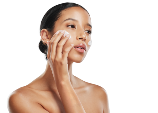 Woman, face cream and relax for skincare beauty cosmetics isolated on a transparent PNG background. Calm female person applying skin product, lotion or creme in dermatology or facial treatment