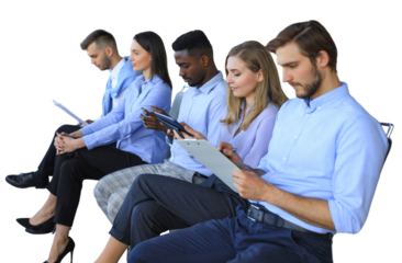 Stressful business people waiting for job interview on a transparent background