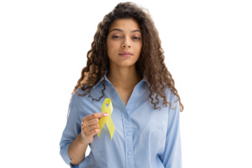 Woman holding yellow gold ribbon, sarcoma awareness, childhood cancer awareness, world suicide prevention day on a transparent background