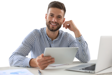 Happy young business man is analizing financial documents on a transparent background