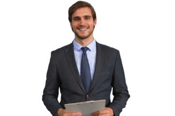 Young handsome businessman smiling on a transparent background