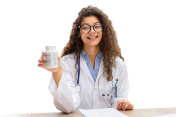 Female doctor holding tablets, working and smiling at camera on a transparent background.