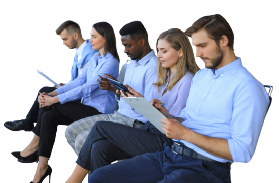 Stressful business people waiting for job interview on a transparent background