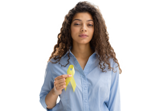 Woman holding yellow gold ribbon, sarcoma awareness, childhood cancer awareness, world suicide prevention day on a transparent background
