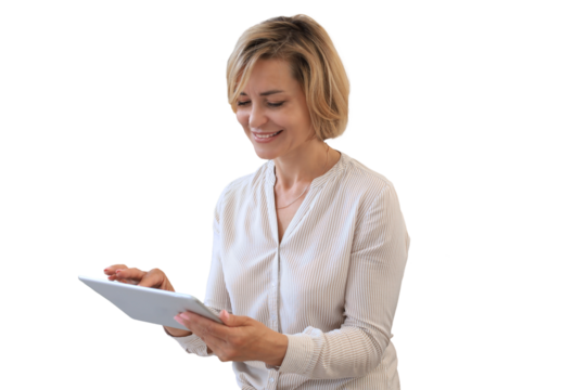 Cheerful middle aged woman standing on a transparent background, using computer tablet apps, looking at screen, reading good news in social network, shopping or chatting online.