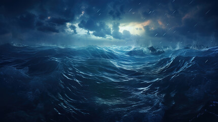 Waves in a stormy ocean under the moonlight. Turbulent marine landscape with rain and dark clouds. Dramatic ocean background.