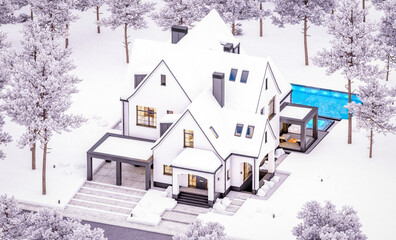 Fototapeta na wymiar 3d rendering of cute cozy white and black modern Tudor style house with parking and pool for sale or rent with beautiful landscaping. Cool winter evening with cozy light from windows
