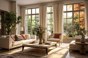 Beautiful light spacious living room in beige colour with big panoramic window and garden outside. Modern interior design. 