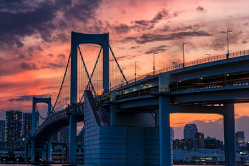 Panoramic image of a beautiful sunset sky and clouds above the Japanese capital Tokyo and Rainbow Bridge