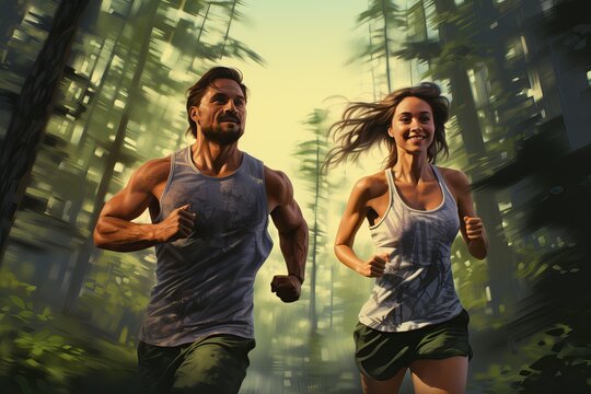 Young sporty couple during a short morning run through the summer forest. Pleasant communication and running workout in a pleasant company. Support and friendship concept.
