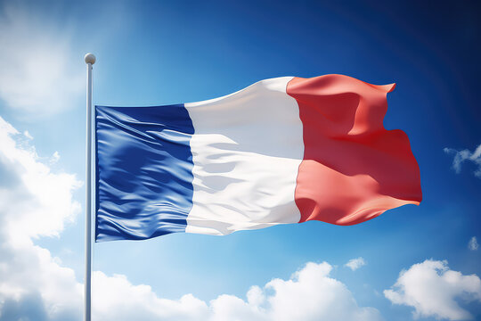 French flag flying in the wind on a flagpole against a blue sky with clouds. Blue white red France flag wallpaper.  