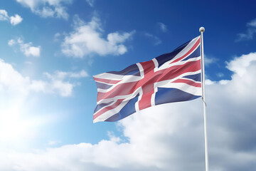 Fototapeta premium English flag flying in the wind on a flagpole against a blue sky with clouds. Blue red white United Kingdom of Great Britain flag wallpaper. 