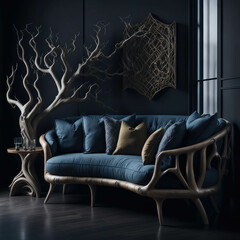 Rustic Handmade Wood Carved Loveseat Sofa in Dark Colors, Decorative Wood Branch,  Modern Art Interior Furniture, Generative AI