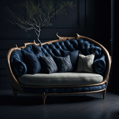 Rustic Handmade Wood Carved Loveseat Sofa in Dark Colors, Decorative Wood Branch,  Modern Art Interior Furniture, Generative AI