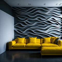 Modern Design Interior Of Living Room, Cozy Sofa In Front Of Decorative Wavy Wall Panel, Bright Colors, Generative AI