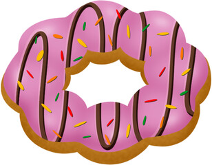 strawberry pon de ring with chocolate and sprinkles, mochi donut, strawberry flavour