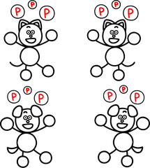 ポイントを貰って喜ぶわんまるとにゃんまるの線画セット　犬　猫