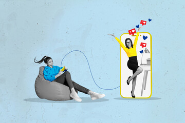 Naklejka na ściany i meble Creative composite photo collage of excited girl sit on pouf hold joystick play game on smartphone isolated on blue color background