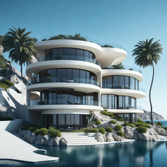 Modern Round Luxury House, Panoramic View to Sea, Villa On Sea Shore, Generative AI