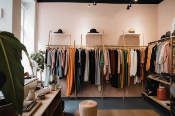 trendy boutique store, with carefully curated selection of high-quality ethical fashion brands, created with generative ai