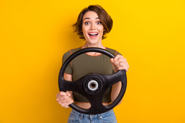 Fototapeta premium Photo of satisfied impressed nice girl dressed khaki t-shirt holding steering wheel buy new car isolated on yellow color background