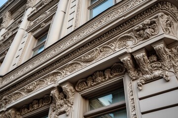 close-up of intricate cornice work on a building facade, created with generative ai