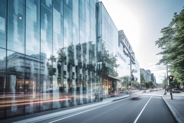 glass facade with blur of motion and activity, featuring modern offices or retail space, created with generative ai