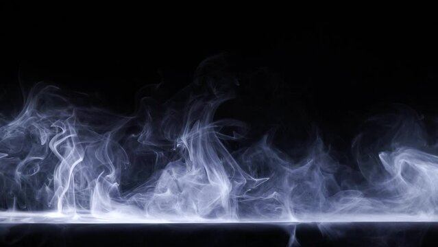 Abstract fog. White cloudiness, mist or smog moves on black background. Beautiful swirling gray smoke. Mockup for your logo. Wide angle horizontal wallpaper or web banner.