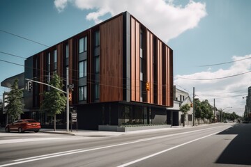 Fototapeta na wymiar modern building, with sleek and minimalist exterior design, on busy city street, created with generative ai