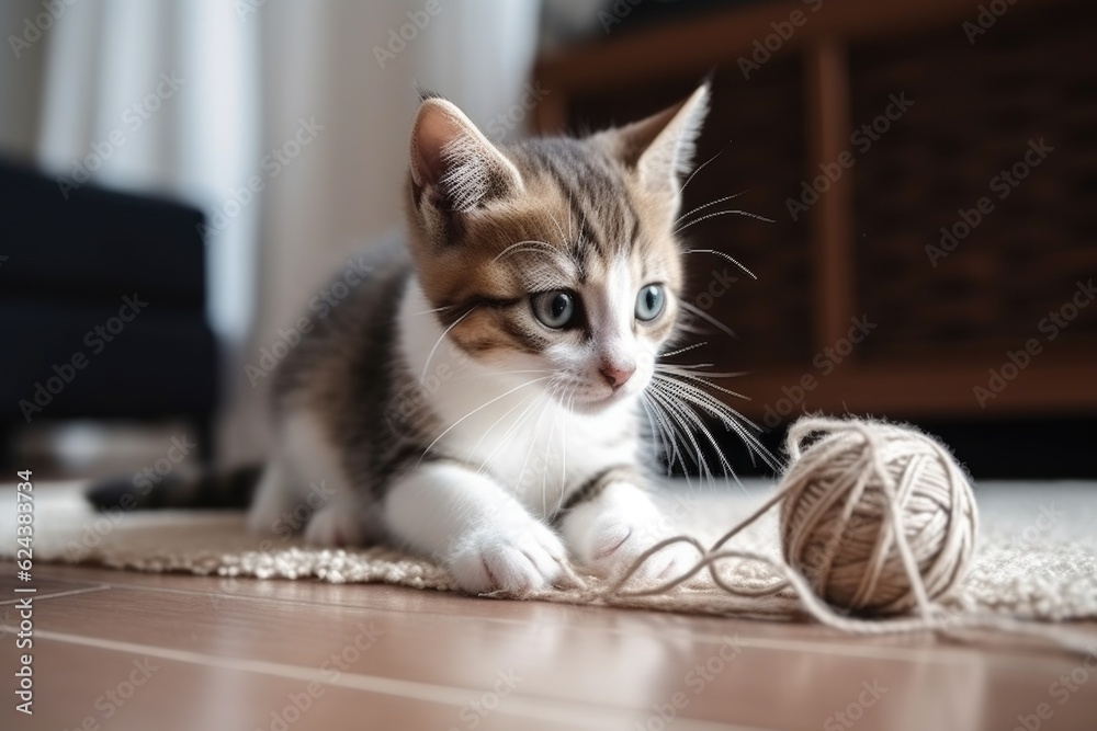 Poster cute kitten playing with ball of yarn, in setting of modern apartment, created with generative ai