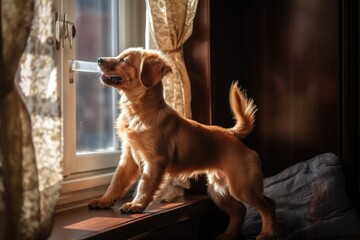 playful puppy chasing its tail in view of the sunny window, created with generative ai - obrazy, fototapety, plakaty