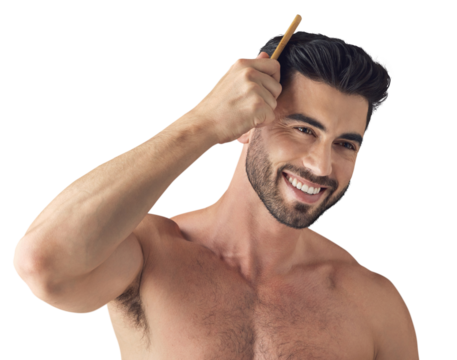 Hair, care and face of happy man with comb isolated on transparent, png background. Barber, cosmetics and Arab person or aesthetic model with hairstyle growth, beauty and grooming or wellness results