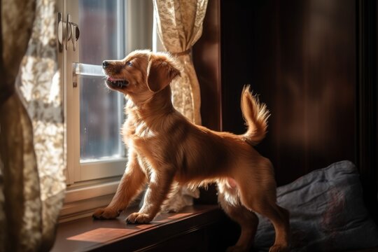 playful puppy chasing its tail in view of the sunny window, created with generative ai