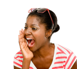 Woman, yelling and noise with isolated on a transparent, png background with hello. Shouting, African female person and youth with hand and call to mouth for attention and loud announcement