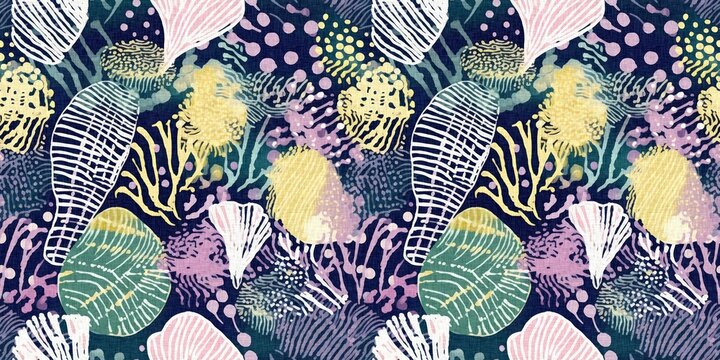  Seamless trendy underwater shell clam repeat background. Tropical modern seashell coastal pattern clash fabric coral reef border print for summer beach textile banner edge with a linen cotton effect.