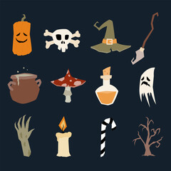 Set of Halloween illustrations. Vector cartoon icons. Isolated. Flat style.
