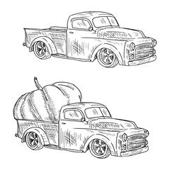 Truck with pumpkin and without pumpkin. Vector illustration. Sketch style. Isolated on white.
