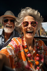 Obraz premium man and woman happy senior couple travel drive car on summer vacation