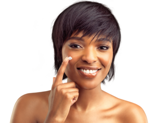 Woman, natural beauty cream and smile portrait with care, wellness and dermatology of face. Facial, African female person and isolated on a transparent, png background with skin glow and lotion