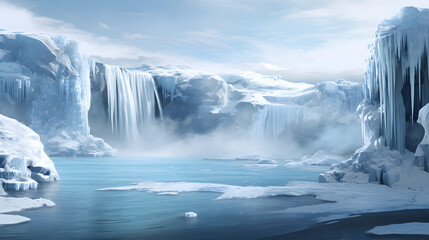 paysage hivernal représentant un lac gelé et une cascade de glace