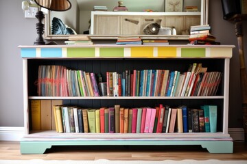 upcycled library with upcycled bookshelves and upcycle books, created with generative ai