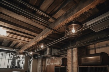 vintage ventilation and exhaust system with wooden slats, exposed ceiling beams, and vintage light fixtures, created with generative ai