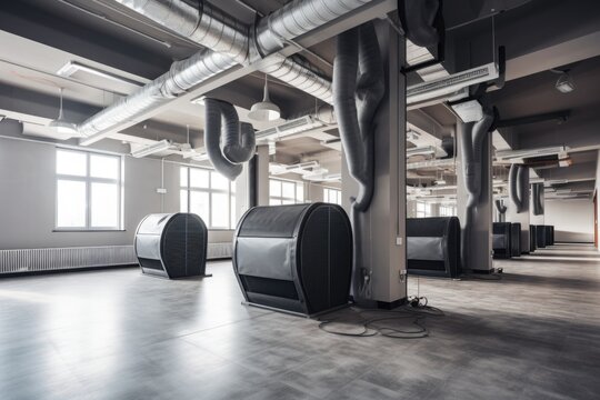 ventilation and exhaust system in a gym, with fans and ventilation equipment keeping the air clean and fresh, created with generative ai