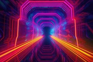 abstract neon light tunnel with vivid colors, created with generative ai