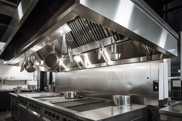 ventilation and exhaust system in commercial kitchen, with hoods above cooking appliances, created with generative ai